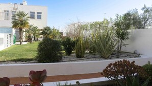 Ein angelegter Garten mit verschiedenen Pflanzen und einem modernen Gebäude im Hintergrund.