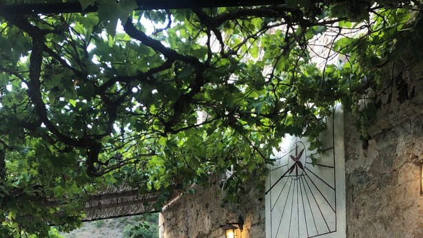 Um pátio externo com paredes de pedra, um banco de madeira, uma mesa de metal e um vaso com planta.
