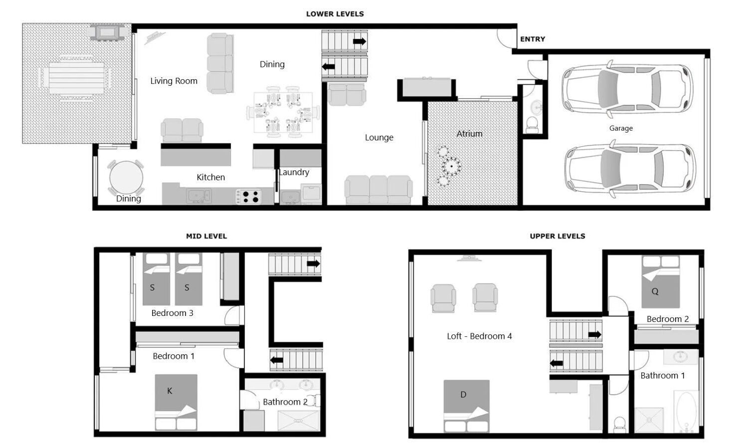Een plattegrond van een hotel met verschillende niveaus, waaronder een eetruimte, lounge, atrium en garage.