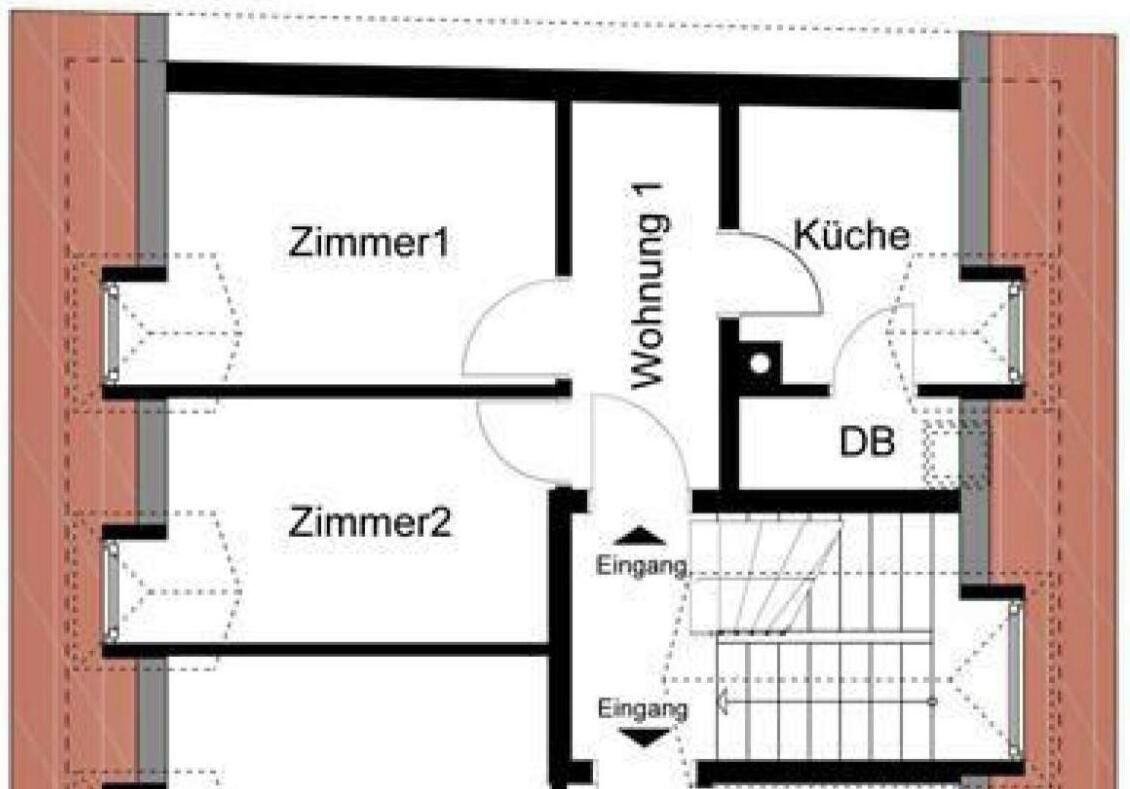 A floor plan with two bedrooms, a kitchen, a dining area, and a bathroom.
