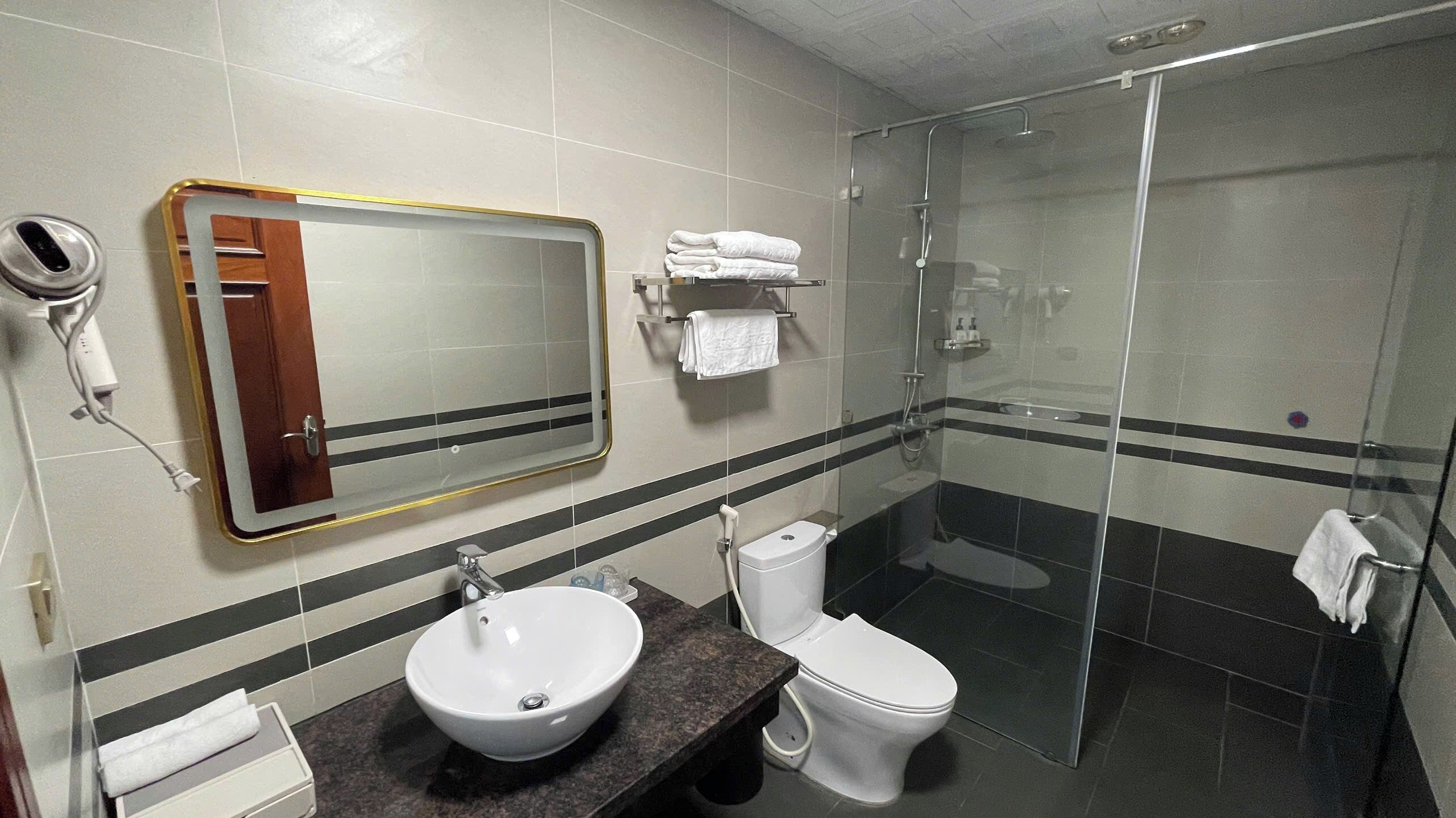A bathroom with a sink, toilet, and a glass-enclosed shower. There is a towel rack with folded towels and a hairdryer on the wall.