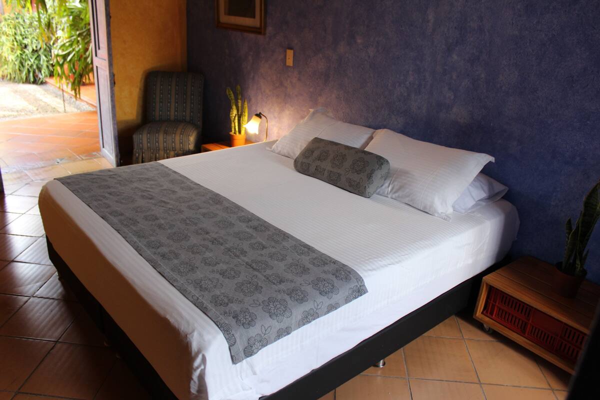 A neatly made bed with a patterned bedspread and pillows, a chair, a nightstand with a lamp and a cactus, and a small wooden cabinet with a plant.
