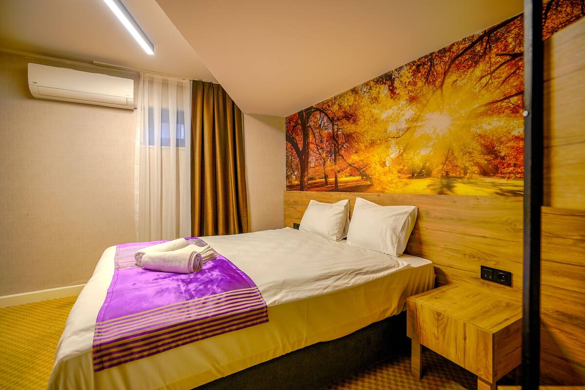 Habitación de hotel con cama, mesita de noche de madera, aire acondicionado de pared y un cuadro grande con motivos otoñales.