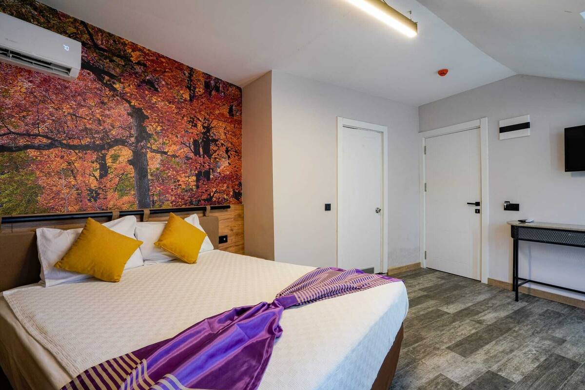 Una habitación de hotel con una cama, un cuadro de hojas otoñales, un televisor y una puerta.