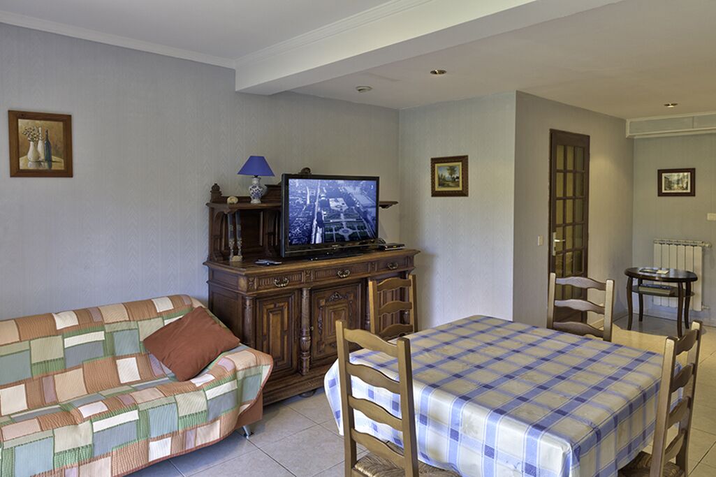 Een woonkamer met een bank, een televisie op een houten kast, een eettafel met stoelen en een bijzettafeltje met een lamp.