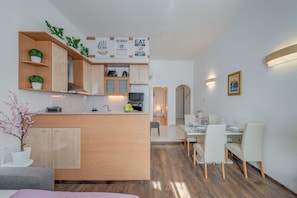 Full-sized fridge, microwave, oven, stovetop