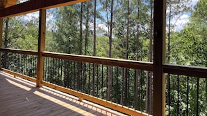 Eine Holzterrasse mit Metallgeländer, mit Blick auf ein bewaldetes Gebiet.