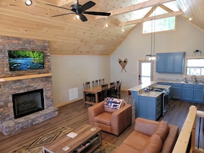 Smart TV, fireplace, video games, DVD player
