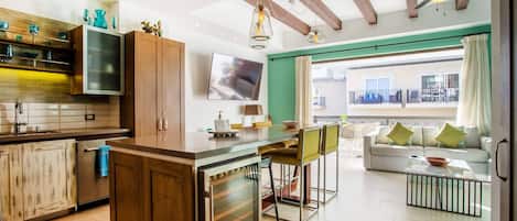 Open layout with kitchen and living area