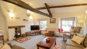 Una sala de estar acogedora con chimenea, televisor y asientos cómodos.