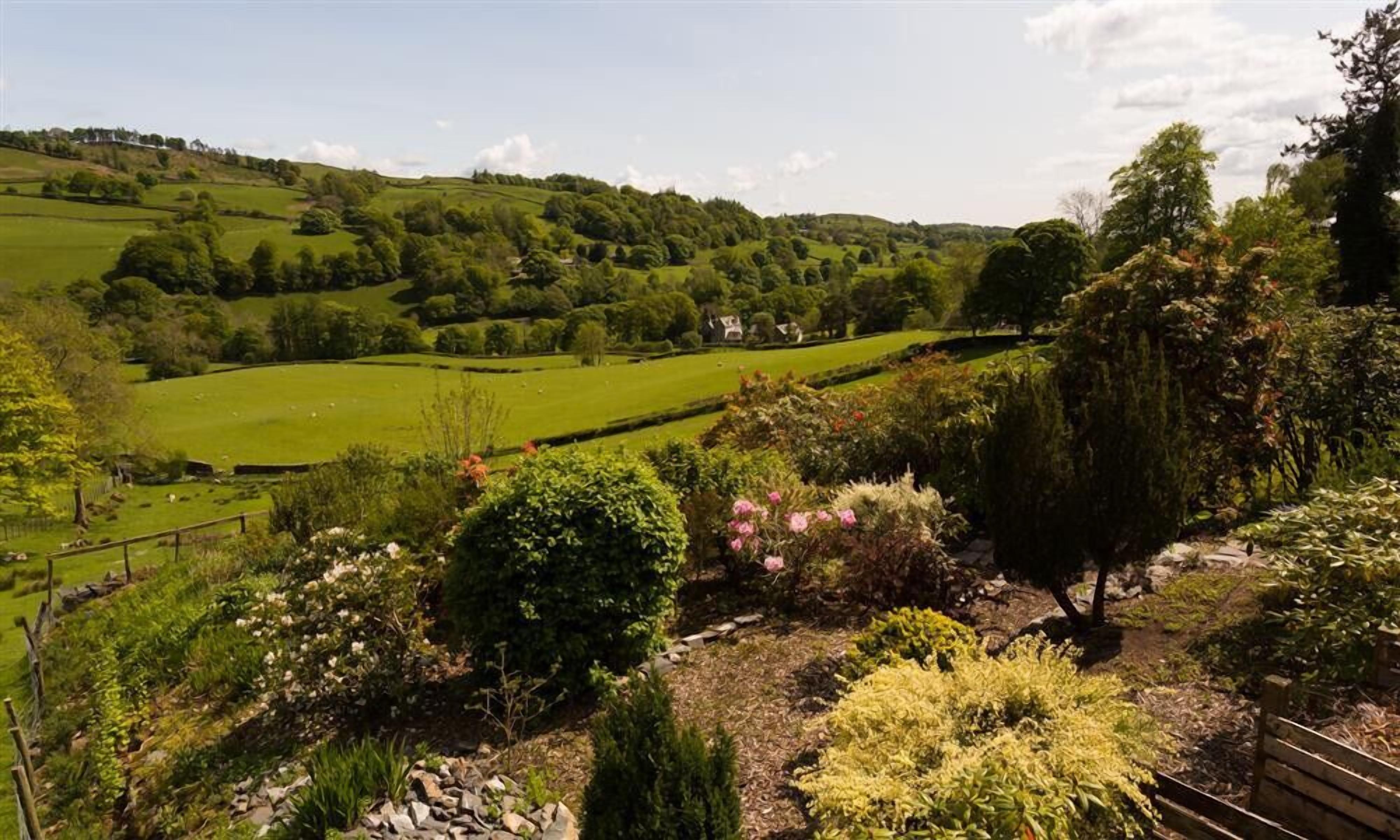 A lush green landscape with rolling hills, a variety of trees, and a well-maintained garden with shrubs and flowers.