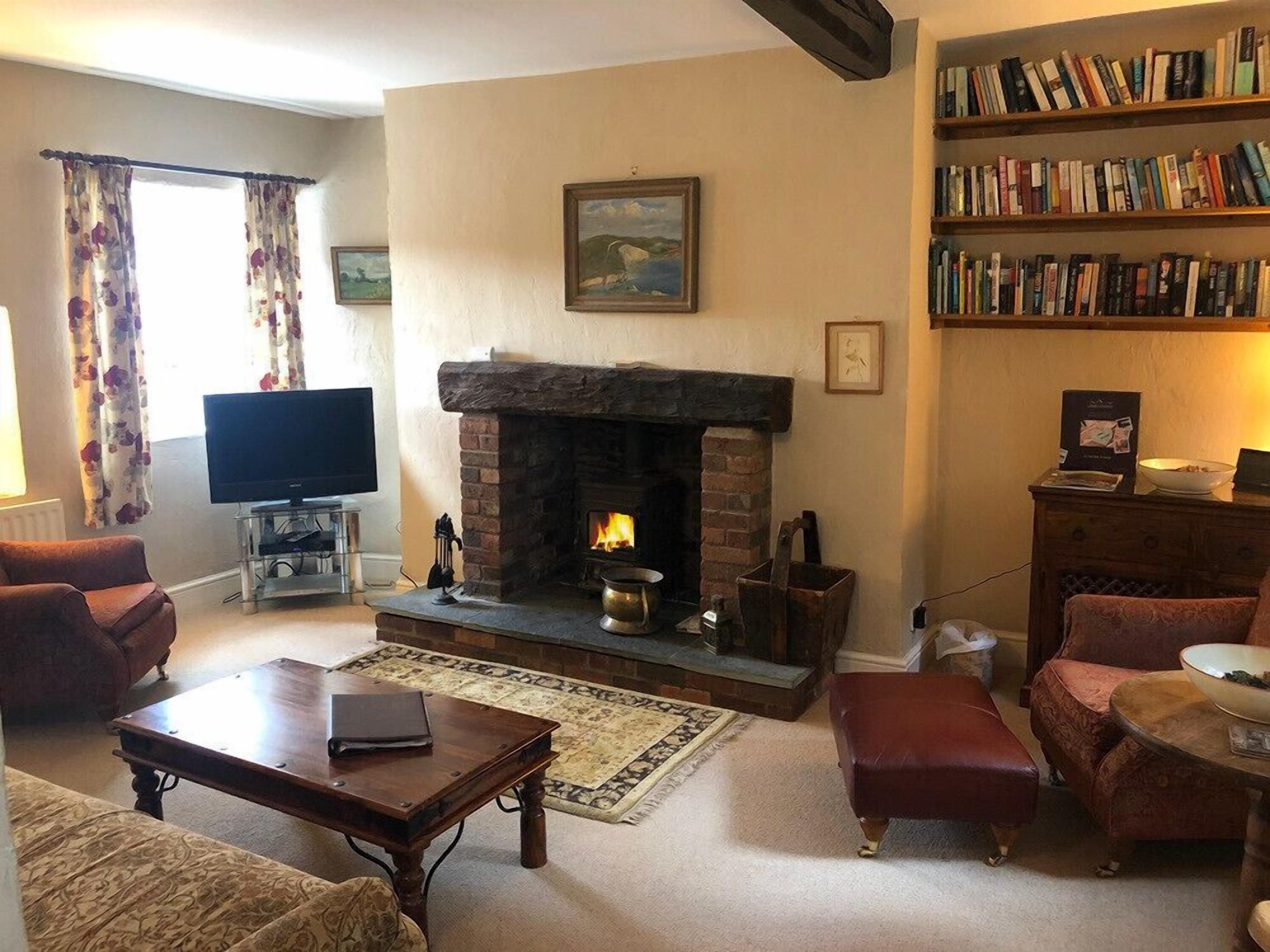A living room with a fireplace, a television, and a bookshelf.