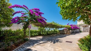 A paved pathway with a pergola covered in purple flowers, surrounded by greenery and a stone wall. - Rooms Tupina By Paulina - Hostel (Zupa dubrovacka)