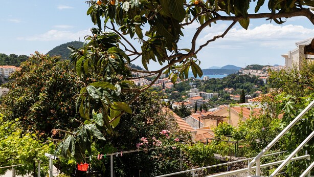 An outdoor dining area with a table and chairs, overlooking a scenic view of a town and hills. - Apartments Franka (Dubrovnik)