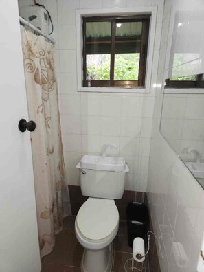 A small bathroom with a toilet, a window, and a shower curtain. - Cozy 2-bedroom House in Ngermid, Koror (Koror)
