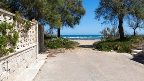 Ein gepflasterter Weg führt zu einem Strand, links eine Steinmauer und beidseits Bäume.