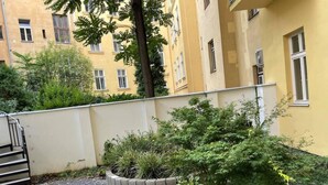 Ein Innenhof mit Pflasterweg, einer niedrigen Mauer und unterschiedlichen Pflanzen.
