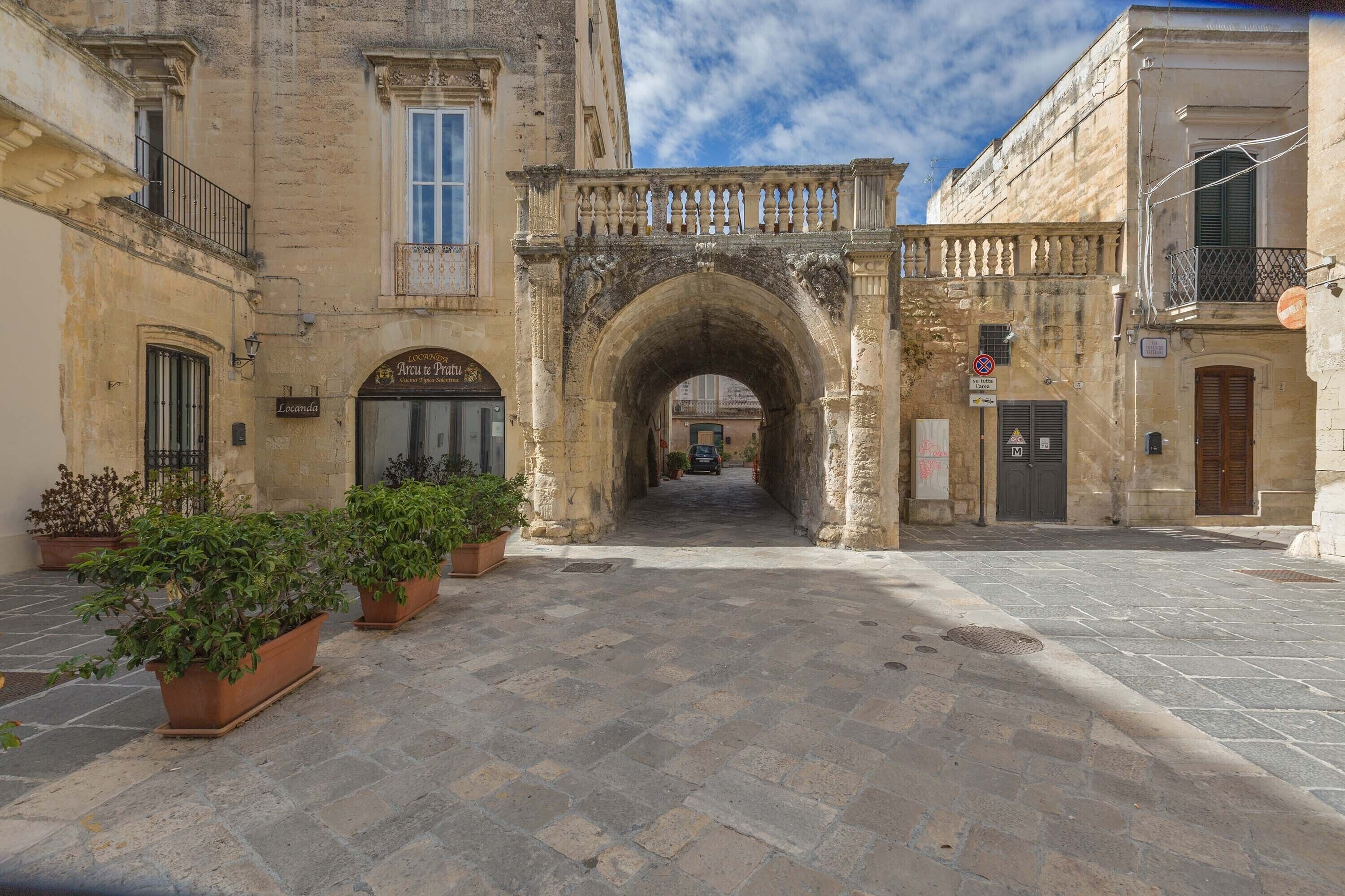 A stone archway leading to a narrow street with potted plants on the left.