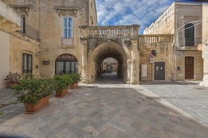 A stone archway leading to a narrow street with potted plants on the left.