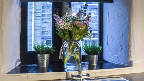 Une fenêtre de cuisine avec un auvent noir, un robinet en acier inoxydable et deux plantes en pot posées sur le rebord de la fenêtre.