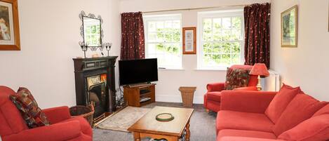 Una sala de estar con sofás rojos, chimenea, televisor y ventanas grandes con cortinas.