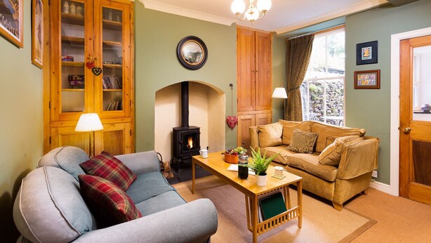 A cozy living room with a fireplace, a sofa, a coffee table, and a bookshelf. - Greystones (Windermere)