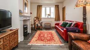Una sala de estar con un sofá rojo, una televisión, una chimenea y un tapete grande.