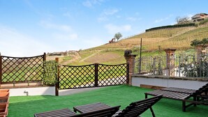 A patio with artificial grass, wooden benches, and a view of a vineyard.