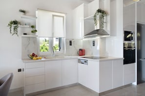 A modern kitchen with white cabinetry, a built-in oven, and a window with plants.