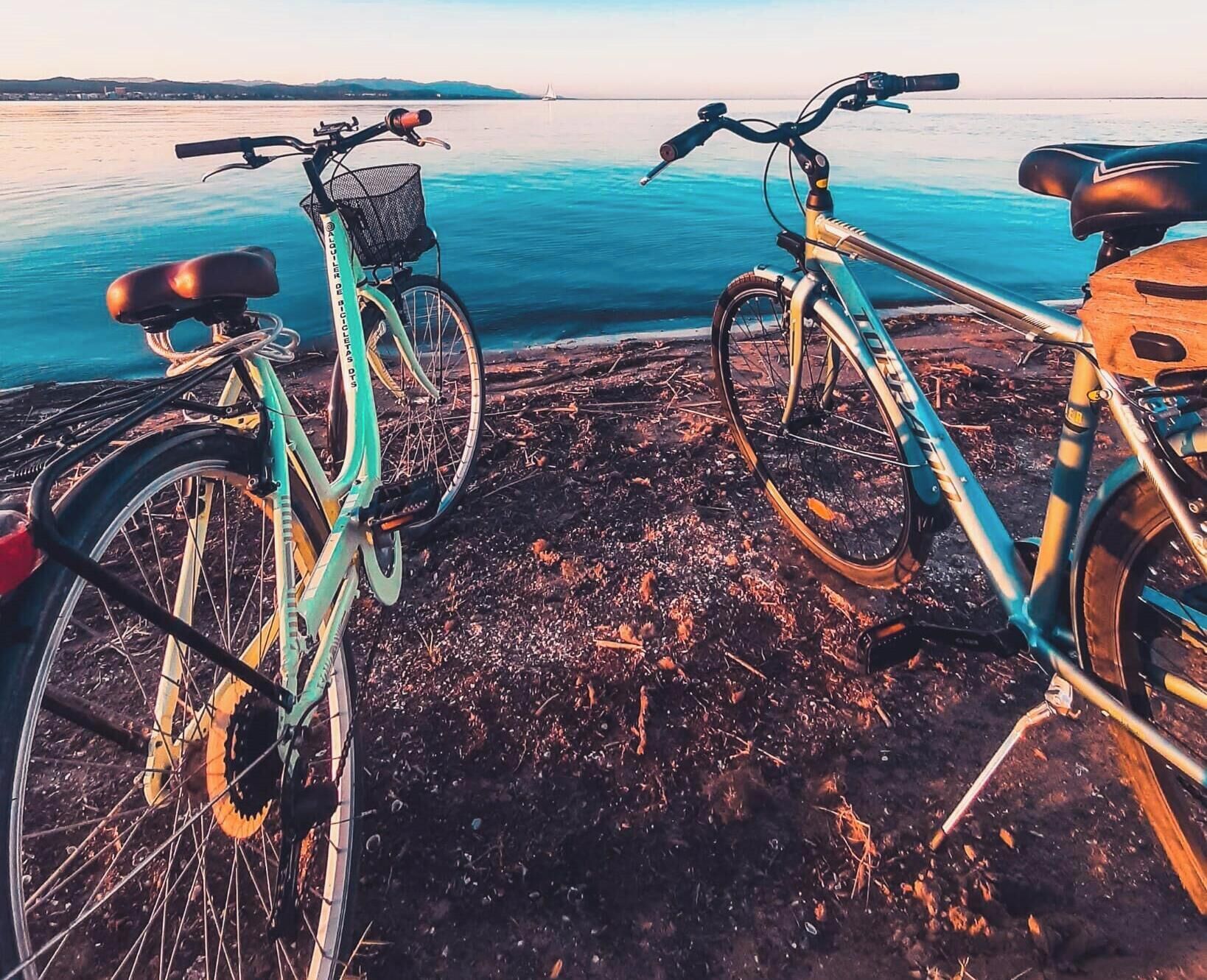 Two bicycles parked on a rocky shore with a view of the sea and distant land.