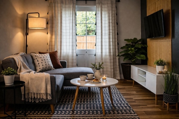 The living room is a cozy retreat with plush furnishings, inviting decor, and am