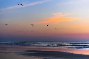 Enjoy a serene beach experience with gentle waves lapping at the shore.