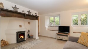 Ein gemütliches Wohnzimmer mit Kamin, Fernseher und einer Couch.