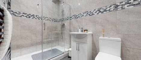 A modern bathroom with a glass shower enclosure, a white sink, and a toilet.