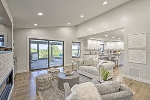 Smart TV, fireplace, books