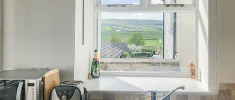 A kitchen with a window view, a toaster, a kettle, and a bottle of champagne.