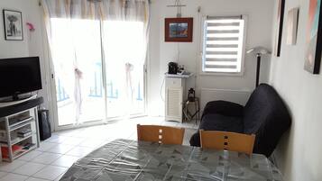 Een televisie, een dvd-speler, boeken en een muziekbibliotheek