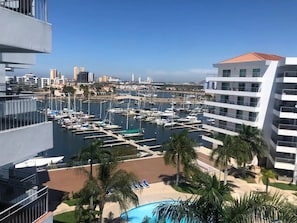 A marina with boats docked, a pool area with palm trees, and modern buildings in the background.
