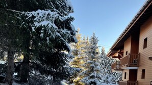 A snow-covered pathway leading to a wooden building with balconies. - ARCS 1800 COSY SKI-IN/SKI-OUT APARTMENT IN A LUXURY CHALET (Bourg Saint Maurice)