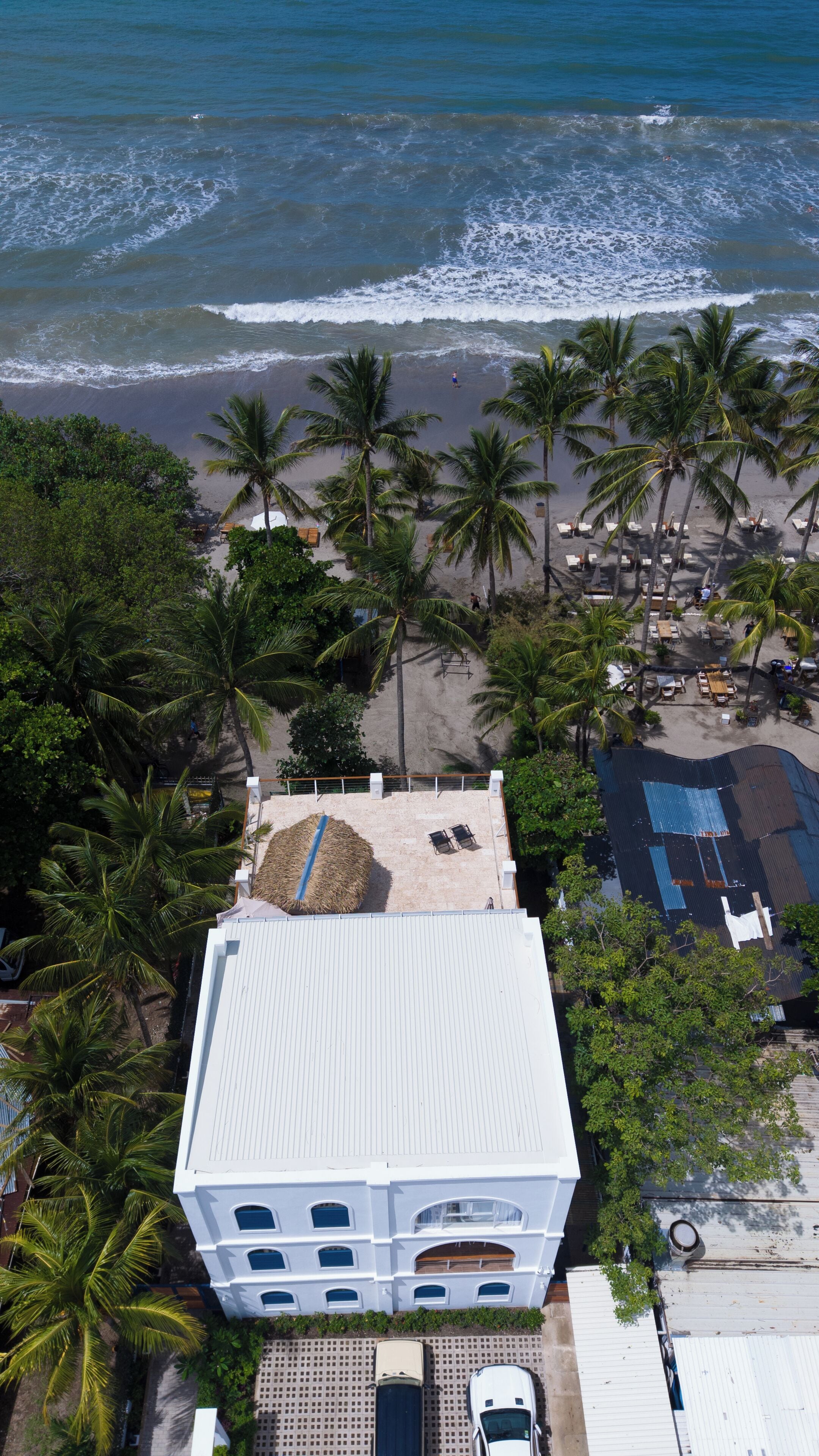 An aerial view of a building with a beach view, palm trees, and a sandy area with lounge chairs.