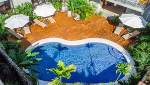 Un área de piscina en la azotea con sillones de descanso y sombrillas, rodeada de plantas tropicales.