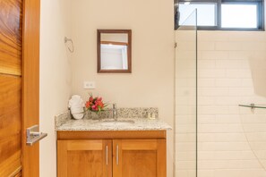 Suite estudio de lujo, 1 cama de matrimonio | Baño | Ducha, artículos de higiene personal gratuitos y toallas