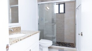 A bathroom with a glass-enclosed shower, a white toilet, and a granite countertop sink.