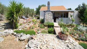 Een modern huis met een stenen schoorsteen, omgeven door een tuin met diverse planten en een stenen pad.