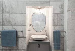 Shower, hair dryer, towels, toilet paper