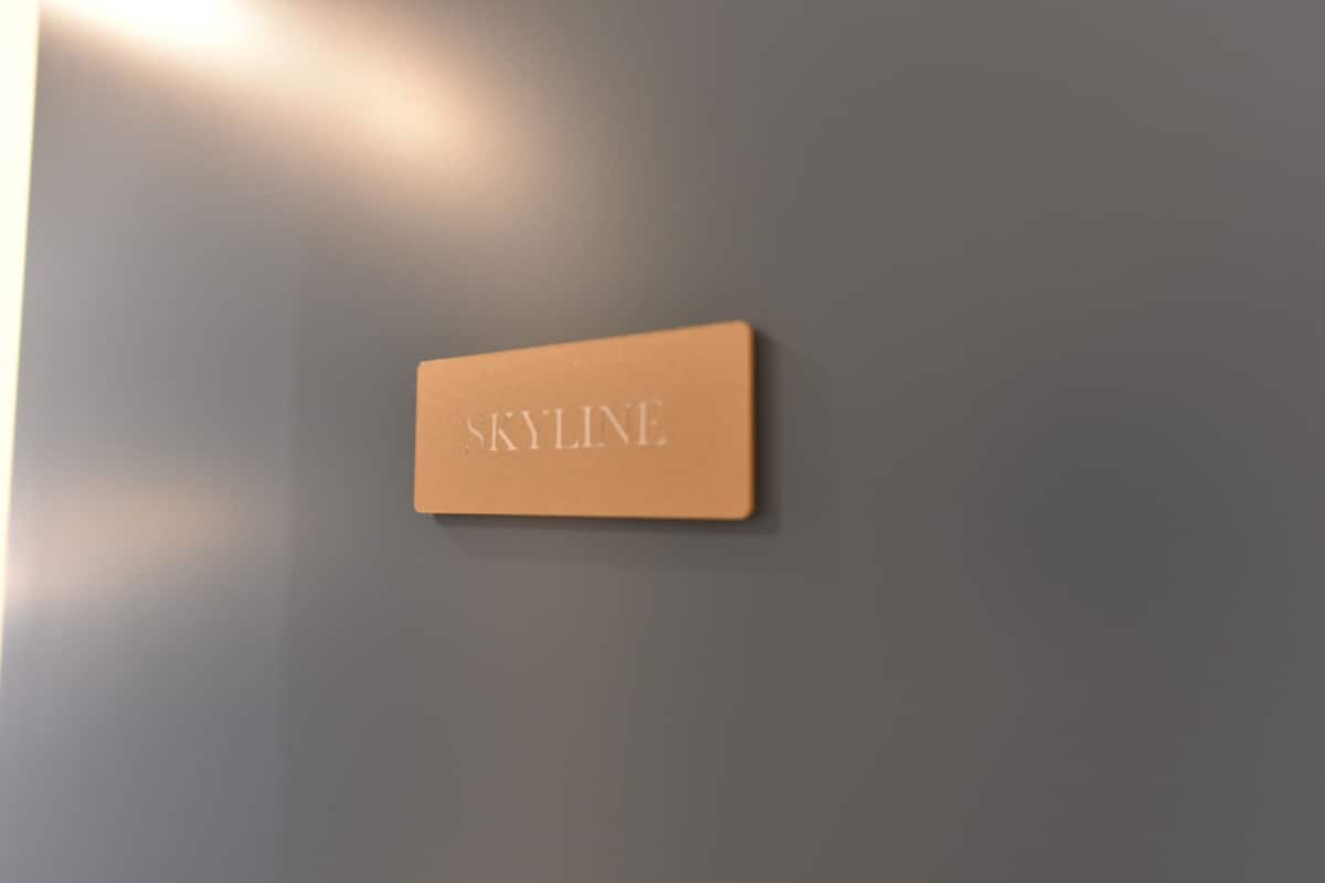 A sign with the word "SKYLINE" on a grey wall.