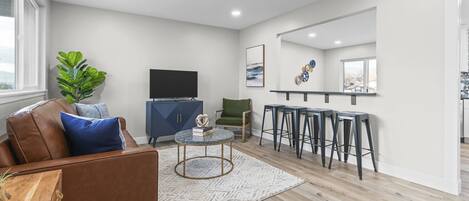 Smart TV, fireplace, table football