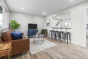 Smart TV, fireplace, foosball