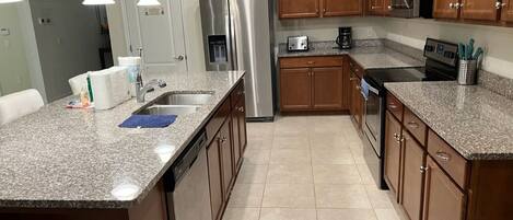 Fridge, oven, stovetop, cookware/dishes/utensils