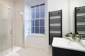 Shower, hair dryer, towels